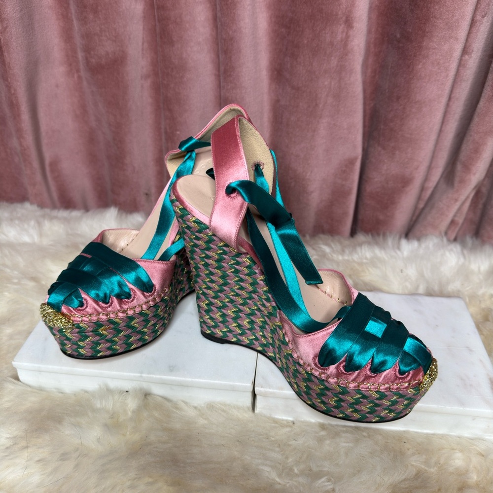 Gucci Satin Ribbon Espradille Wedge size 38 - Picture 1 of 11